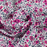 Anna pink flowers printed cotton and fuchsia white background per meter