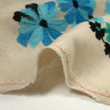 Flores turquesas bordadas al 100% de lino, hilo verde y amarillo