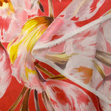 Satin de soie imprimé tulipes sauvages fond rouge corail