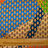 Satén de seda estampado paisley patchwork naranja, mostaza y azul