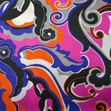 Satin de soie imprimé paisley indigo, magenta et orange