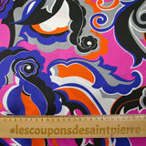 Satin de soie imprimé paisley indigo, magenta et orange