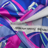 Raso de seda estampado danza evasiva magenta, azul y violeta