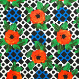 Sergé de coton et viscose coquelicot et mosaïque fond blanc cassé