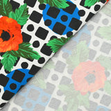 Sergé de coton et viscose coquelicot et mosaïque fond blanc cassé