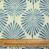 100% Lin imprimé palmier bleu fond blanc cassé