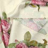 Satin polyester imprimé fleurs rosier fond ivoire