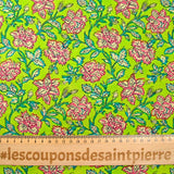 Indian cotton printed calcutta pink flower green background