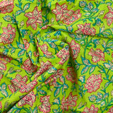 Indian cotton printed calcutta pink flower green background