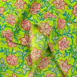 Indian cotton printed calcutta pink flower green background