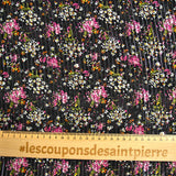 Mousseline de soie rayé argent fleurs roses fond noir