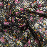 Mousseline de soie rayé argent fleurs roses fond noir