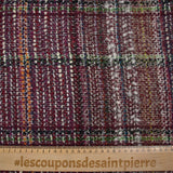 Tweed de laine mélangée Capucine ligne verte et noire fond lie de vin