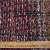 Capucine wool blend tweed, navy and black line, wine background