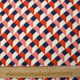 Crêpe viscose imprimé géométrie variable corail et marine fond écru