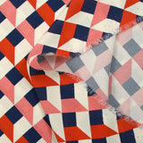 Crêpe viscose imprimé géométrie variable corail et marine fond écru