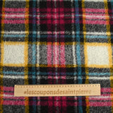 100% Laine sherpa à carreaux fuchsia, jaune et turquoise fond écru