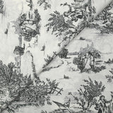 Viscose printed with black toile de Jouy on an off-white background