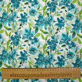 Viscose imprimée fleurs en aquarelle turquoise et vert fond blanc
