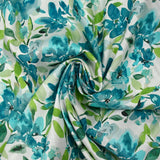 Viscose imprimée fleurs en aquarelle turquoise et vert fond blanc