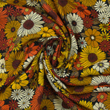 Viscose imprimée fleurs sixties orange, tournesol et brique
