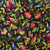 Viscose printed flowers and parrots on black background