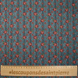 Coton imprimé fleurs rouges fond anthracite rayé