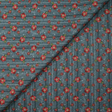 Coton imprimé fleurs rouges fond anthracite rayé