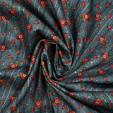 Coton imprimé fleurs rouges fond anthracite rayé
