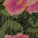 Golden brocade with pink flowers green background
