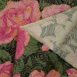 Golden brocade with pink flowers green background