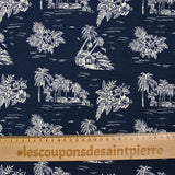 Viscose linen desert island print, navy background