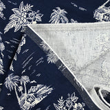 Viscose linen desert island print, navy background
