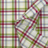 Woven-dyed cotton Rowan magenta and apple green white background