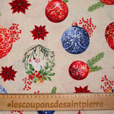Polycoton imprimé boule de Noël fond ficelle