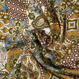 Satin de viscose imprimé patchwork ornement ocre, bleu barbeau et kaki