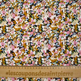 Viscosa estampada con flores de Ornella mostaza, rosa y celeste.