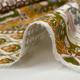 Satin de viscose imprimé patchwork ornement ocre, bleu barbeau et kaki
