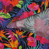 Coton imprimé jungle florale fuchsia fond noir