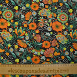 Coton imprimé pluie de fleurs orange fond marron