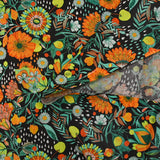 Coton imprimé pluie de fleurs orange fond marron
