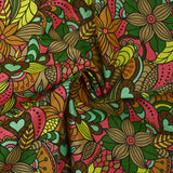 Coton imprimé explosion retro framboise, marron et anis
