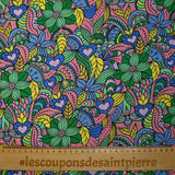 Coton imprimé explosion retro jaune beurre, mauve et bleu barbeau