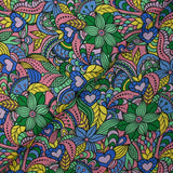 Coton imprimé explosion retro jaune beurre, mauve et bleu barbeau