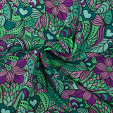 Coton imprimé explosion retro vert d'eau, violet et ciel