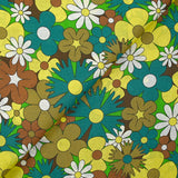 Coton imprimé floraison disco turquoise, marron et jaune beurre