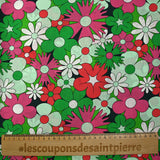 Coton imprimé floraison disco vert d'eau, vert prairie et magenta