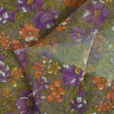 Maille polyester lamée fleurs violet et orange fond marron