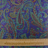 Jacquard polyester lamé cachemire turquoise et rouge fond indigo