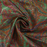 Jacquard polyester lamé cachemire rouge et fuchsia fond vert pomme